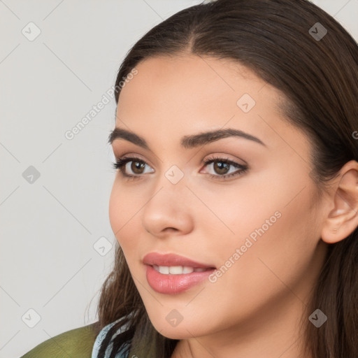 Neutral white young-adult female with long  brown hair and brown eyes