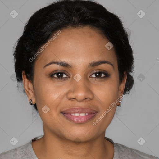 Joyful black young-adult female with medium  brown hair and brown eyes