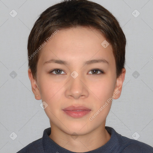 Neutral white young-adult female with short  brown hair and brown eyes