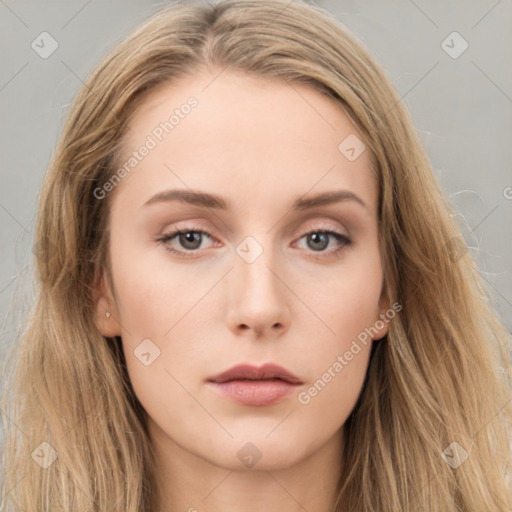 Neutral white young-adult female with long  brown hair and grey eyes