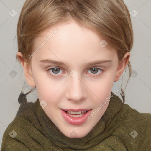 Joyful white child female with short  brown hair and grey eyes