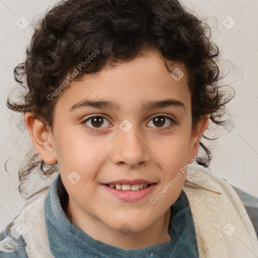 Joyful white child female with medium  brown hair and brown eyes