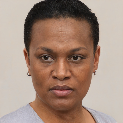 Neutral black young-adult female with short  black hair and brown eyes