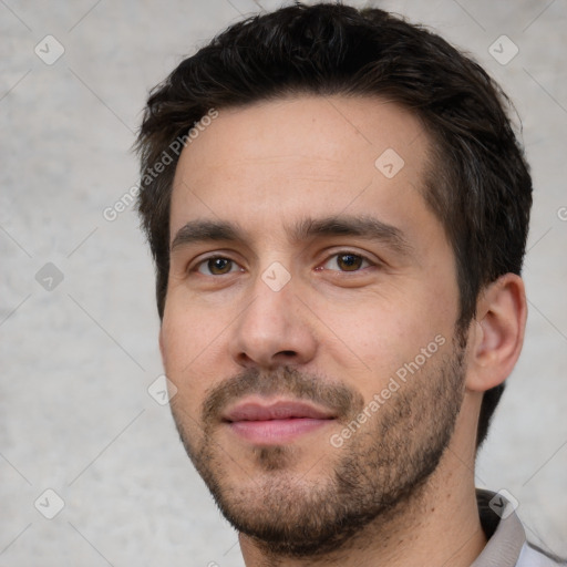 Neutral white young-adult male with short  brown hair and brown eyes