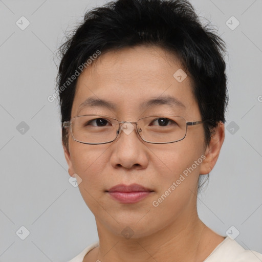 Joyful white adult female with short  brown hair and brown eyes