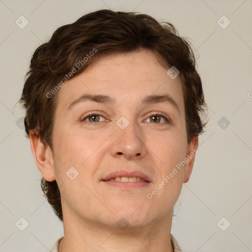 Joyful white adult male with short  brown hair and grey eyes