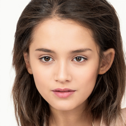 Neutral white child female with long  brown hair and brown eyes