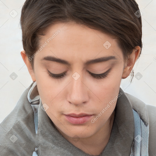 Neutral white young-adult female with short  brown hair and brown eyes