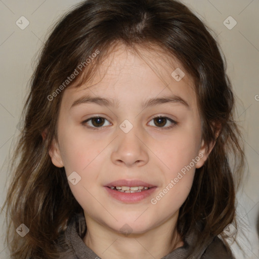 Joyful white child female with medium  brown hair and brown eyes