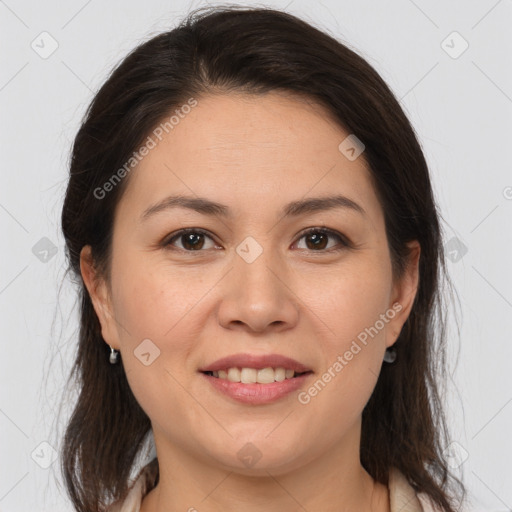 Joyful white young-adult female with medium  brown hair and brown eyes