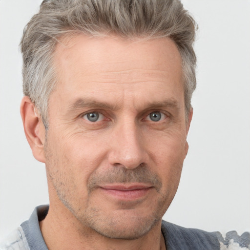 Joyful white adult male with short  brown hair and grey eyes