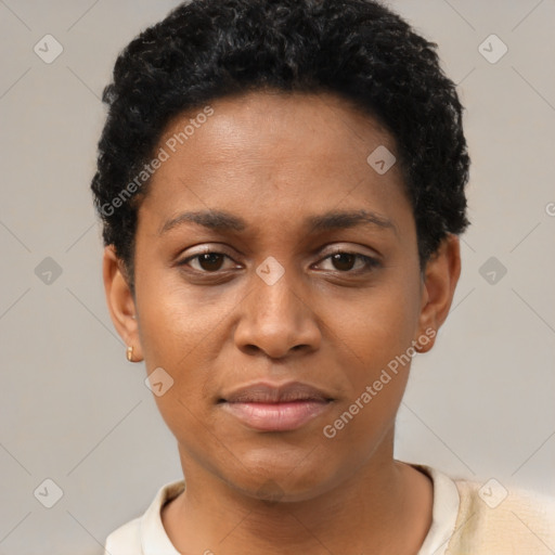 Neutral black young-adult female with short  black hair and brown eyes