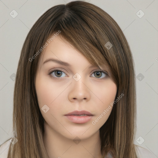 Neutral white young-adult female with long  brown hair and brown eyes