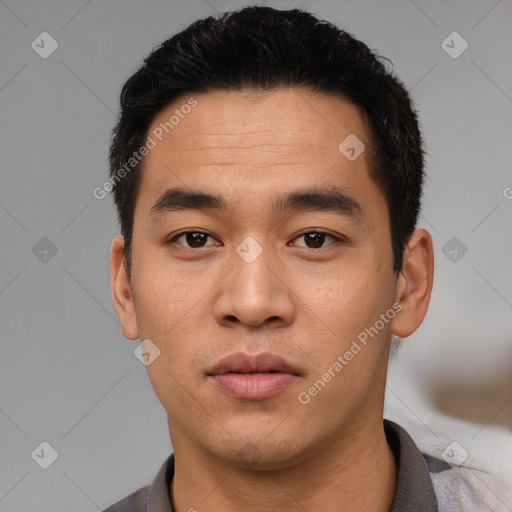 Neutral asian young-adult male with short  black hair and brown eyes