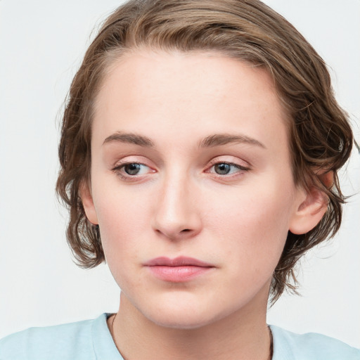 Neutral white young-adult female with medium  brown hair and blue eyes