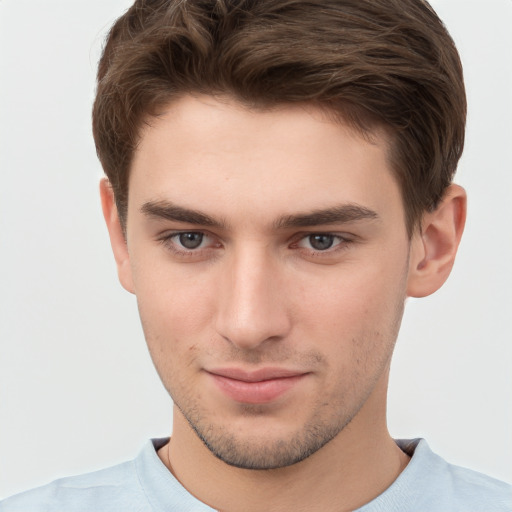 Neutral white young-adult male with short  brown hair and brown eyes