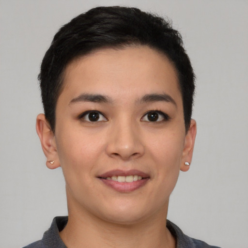 Joyful asian young-adult female with short  brown hair and brown eyes