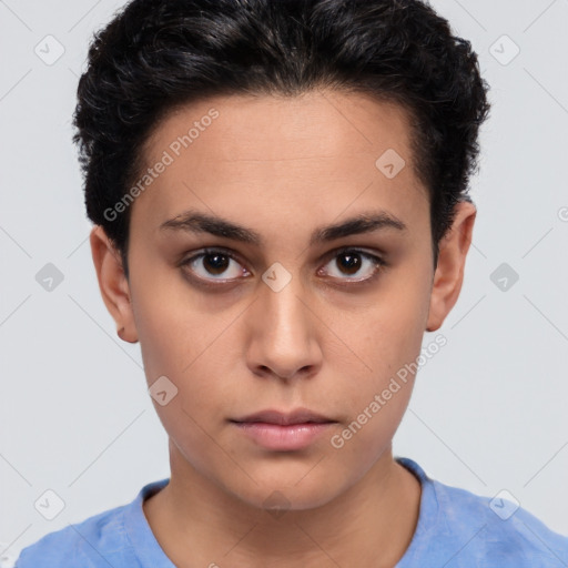 Neutral white young-adult female with short  brown hair and brown eyes