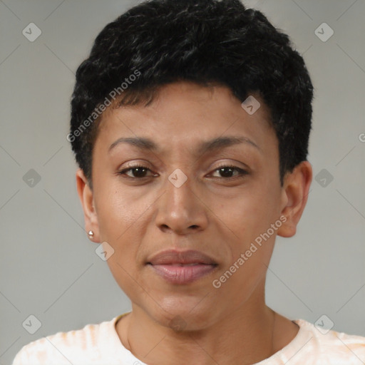 Joyful black young-adult female with short  black hair and brown eyes