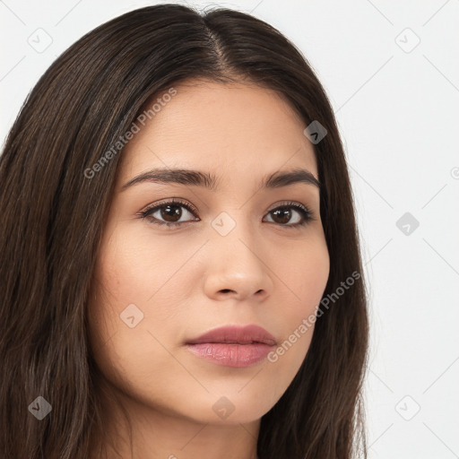 Neutral white young-adult female with long  brown hair and brown eyes