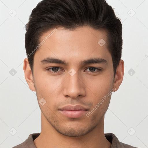 Neutral white young-adult male with short  brown hair and brown eyes