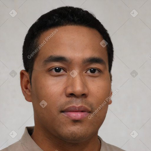 Neutral latino young-adult male with short  black hair and brown eyes