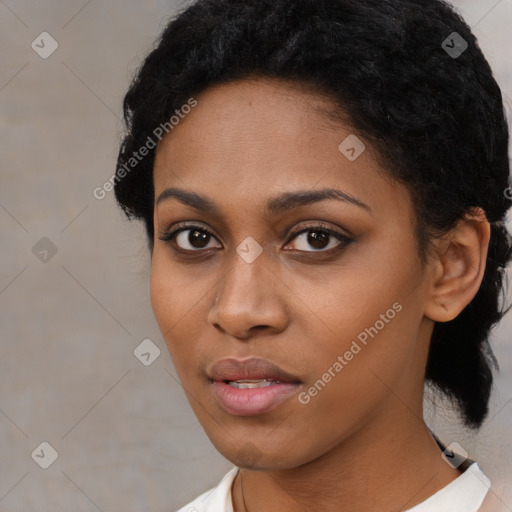 Neutral black young-adult female with short  black hair and brown eyes