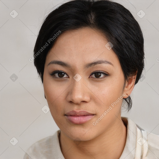 Neutral asian young-adult female with medium  black hair and brown eyes