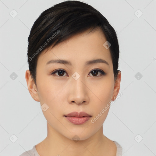 Neutral asian young-adult female with short  black hair and brown eyes