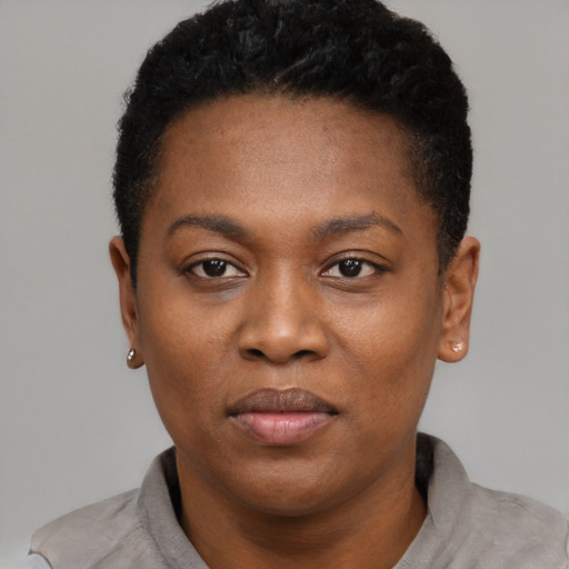 Neutral black young-adult female with short  black hair and brown eyes