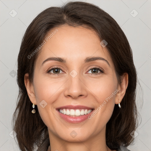 Joyful white young-adult female with medium  brown hair and brown eyes