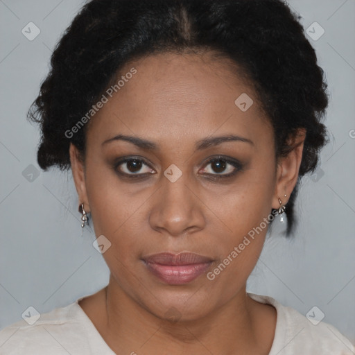 Joyful black adult female with short  brown hair and brown eyes