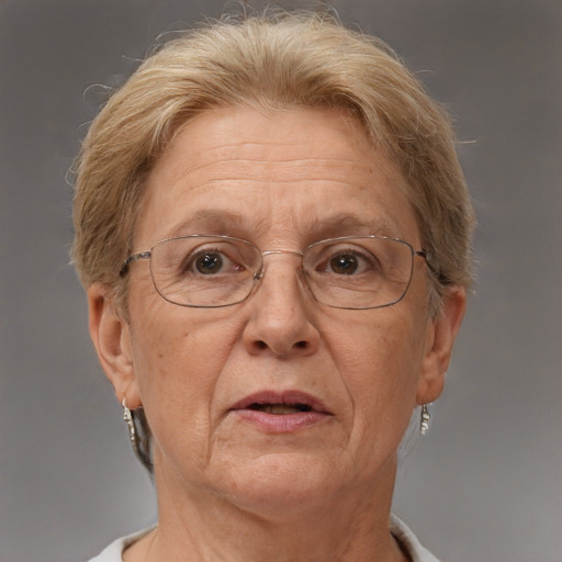 Neutral white middle-aged female with short  blond hair and brown eyes