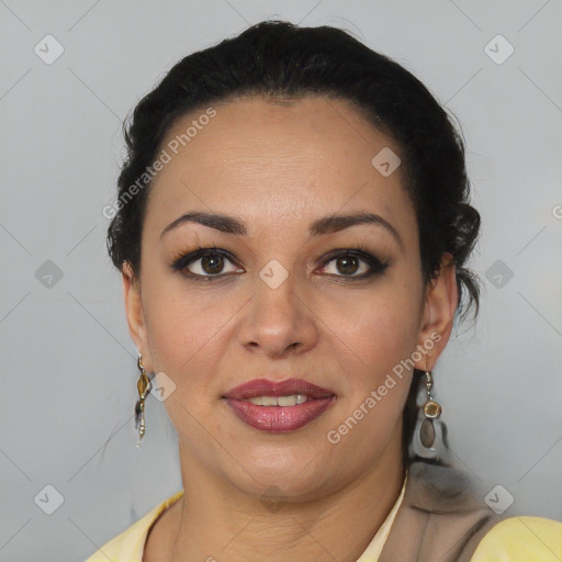 Joyful latino young-adult female with short  brown hair and brown eyes