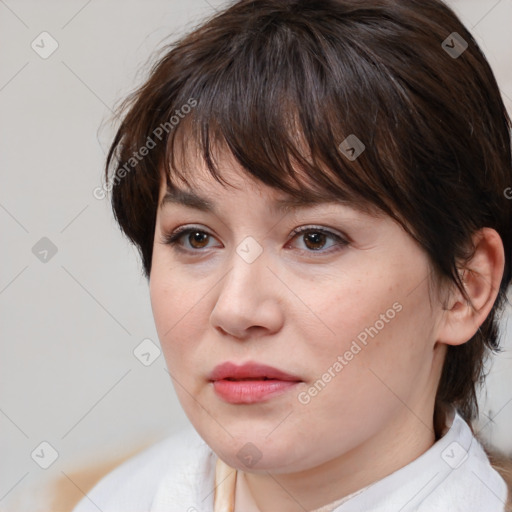 Neutral white young-adult female with medium  brown hair and brown eyes