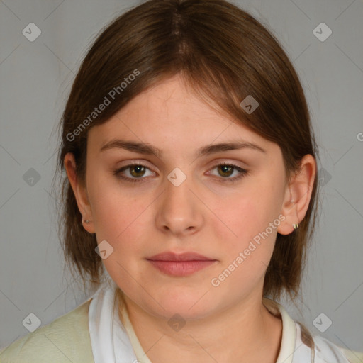 Neutral white young-adult female with medium  brown hair and brown eyes