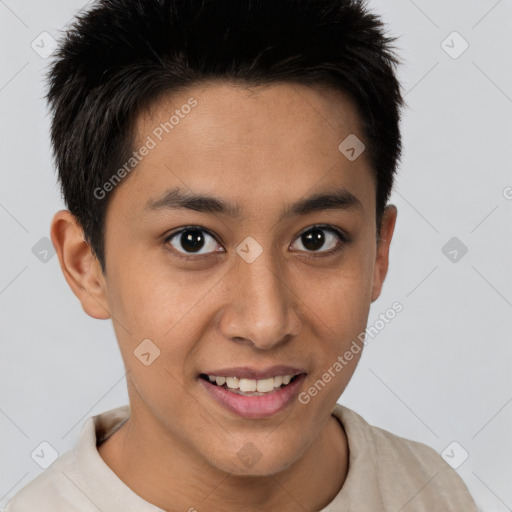 Joyful black young-adult male with short  brown hair and brown eyes