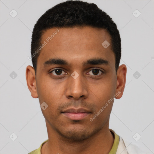 Neutral black young-adult male with short  black hair and brown eyes