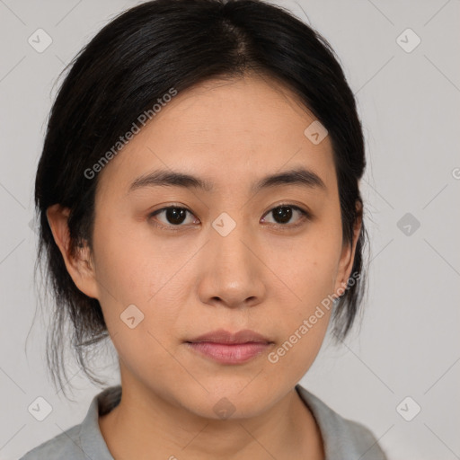 Neutral asian young-adult female with medium  brown hair and brown eyes