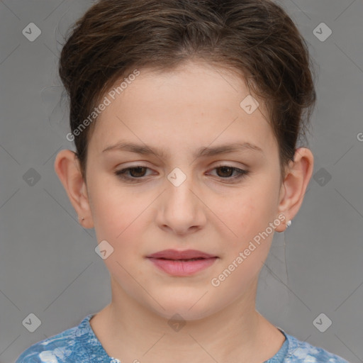 Joyful white child female with medium  brown hair and brown eyes