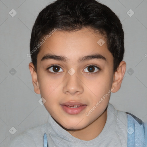 Joyful white child male with short  brown hair and brown eyes