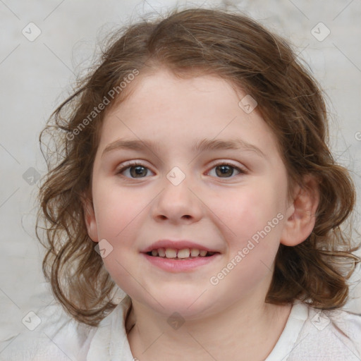 Joyful white child female with medium  brown hair and blue eyes