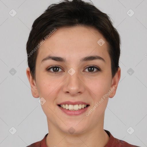 Joyful white young-adult female with short  brown hair and brown eyes