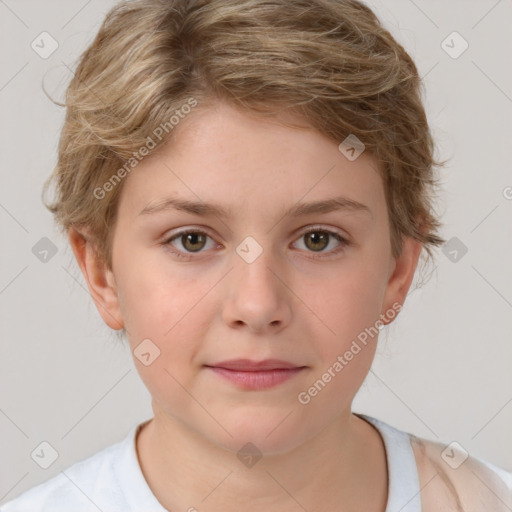 Joyful white child female with short  brown hair and brown eyes