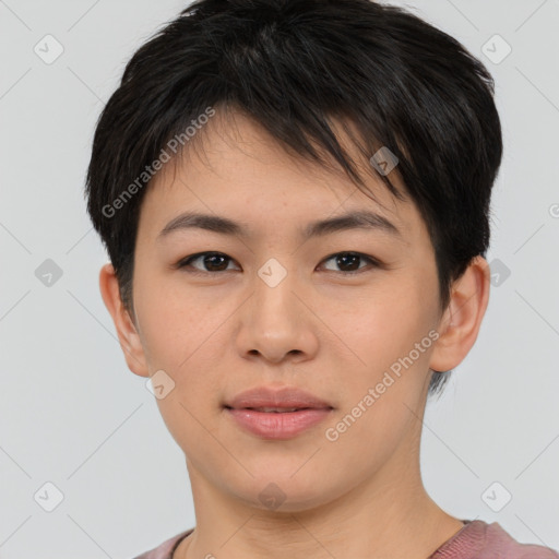 Joyful asian young-adult female with short  brown hair and brown eyes