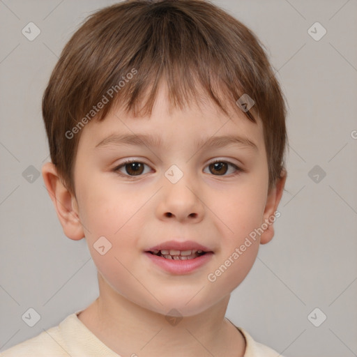 Joyful white child male with short  brown hair and brown eyes