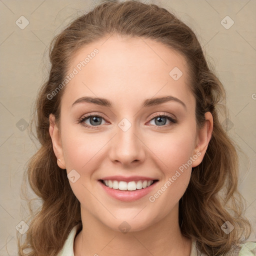 Joyful white young-adult female with medium  brown hair and green eyes