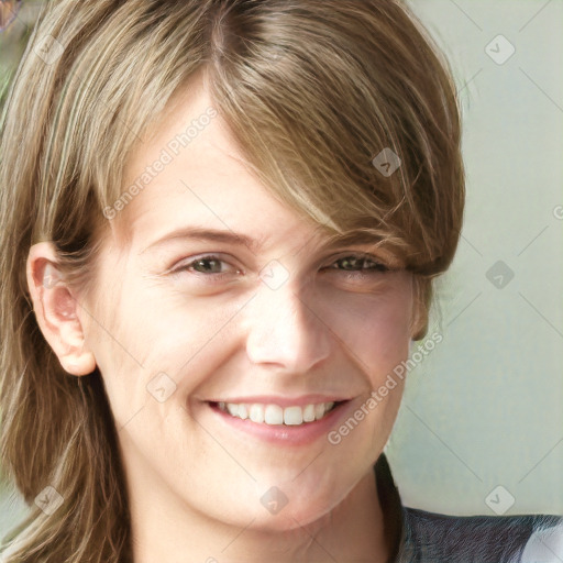 Joyful white young-adult female with medium  brown hair and green eyes