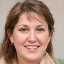 Joyful white adult female with medium  brown hair and grey eyes