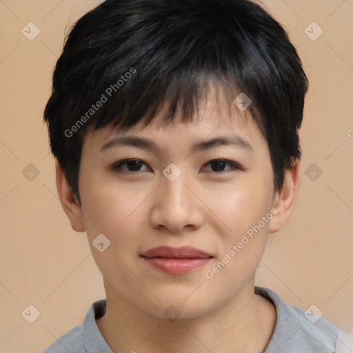 Joyful asian young-adult female with short  brown hair and brown eyes